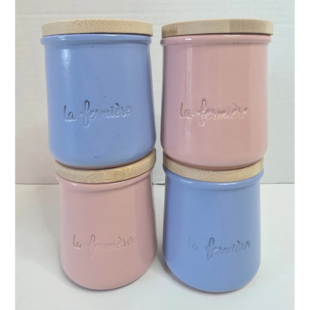 La Fermiere Terracotta Yogurt Jars Set of 4 Pink Blue Ceramic Pots Bamboo Lids